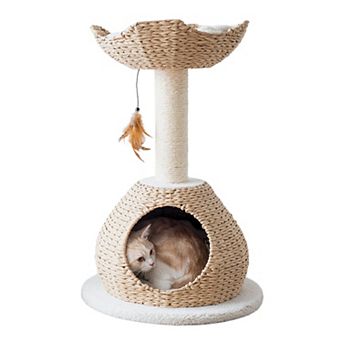PetPals Walk Up Cat Tree with Fleece Perch, Handwoven Basket, and Sisal Scratching Post, Beige