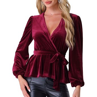 Velvet Blouses For Women's Wrap Tie Waist Long Sleeve Elegant V Neck Peplum Blouse Top