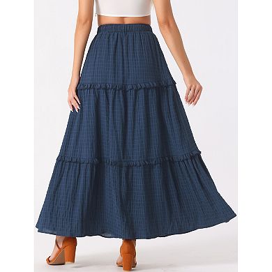 Women's Long Skirts High Waist Tiered Belt Ruffle Lattice Texture Casual A Line Maxi Skirt