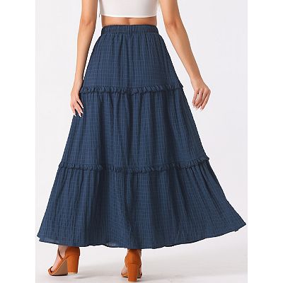 Women s Long Skirts High Waist Tiered Belt Ruffle Lattice Texture Casual A Line Maxi Skirt