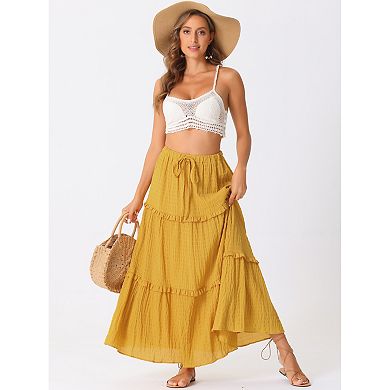 Women's Long Skirts High Waist Tiered Belt Ruffle Lattice Texture Casual A Line Maxi Skirt