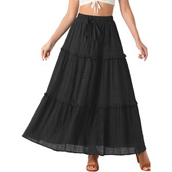 Women's Long Skirts High Waist Tiered Belt Ruffle Lattice Texture Casual A Line Maxi Skirt