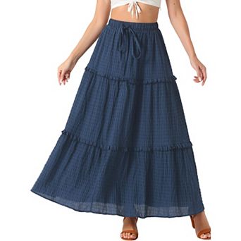 Women's Long Skirts High Waist Tiered Belt Ruffle Lattice Texture Casual A Line Maxi Skirt