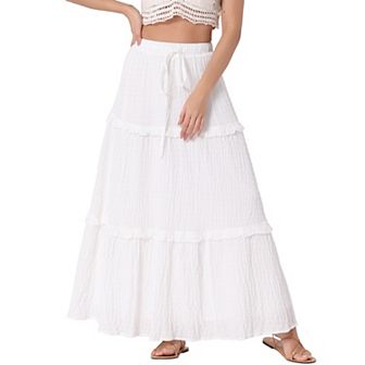 Women's Long Skirts High Waist Tiered Belt Ruffle Lattice Texture Casual A Line Maxi Skirt