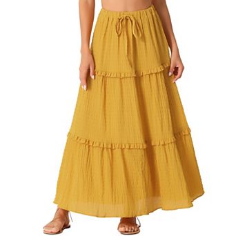 Women's Long Skirts High Waist Tiered Belt Ruffle Lattice Texture Casual A Line Maxi Skirt