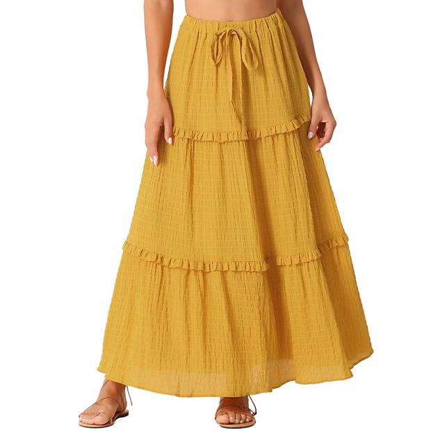 Women s Long Skirts High Waist Tiered Belt Ruffle Lattice Texture Casual A Line Maxi Skirt