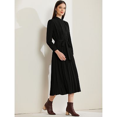 Pleated Shirt Dress For Women's Long Sleeve Mock Neck A-line Flowy Casual  Midi Dress