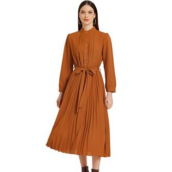 Pleated Shirt Dress For Women's Long Sleeve Mock Neck A-line Flowy Casual Midi Dress