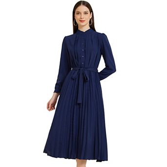 Pleated Shirt Dress For Women's Long Sleeve Mock Neck A-line Flowy Casual Midi Dress