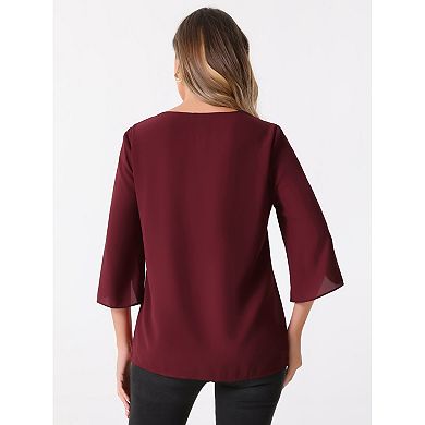 Women's 3/4 Split Sleeve V Neck Flowy Mesh Blouse Casual Dressy Tunic Top