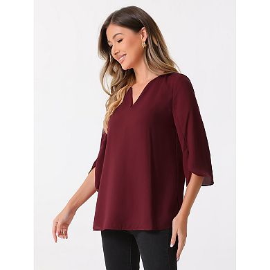 Women's 3/4 Split Sleeve V Neck Flowy Mesh Blouse Casual Dressy Tunic Top