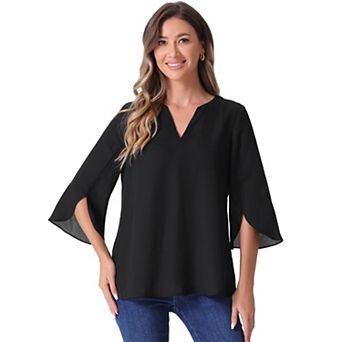 Women's 3/4 Split Sleeve V Neck Flowy Mesh Blouse Casual Dressy Tunic Top