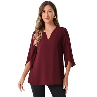 Women's 3/4 Split Sleeve V Neck Flowy Mesh Blouse Casual Dressy Tunic Top