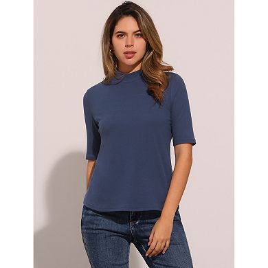 Elbow Length Tops for Women Casual Blouses Turtleneck Top Solid Elastic Soft Half Sleeve T Shirts