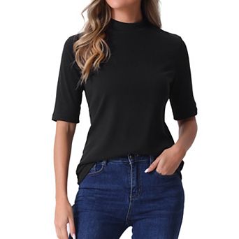 Elbow Length Tops For Women Casual Blouses Turtleneck Top Solid Elastic Soft Half Sleeve T Shirts