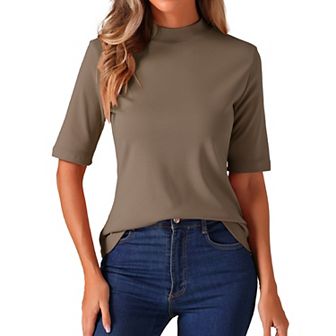 Elbow Length Tops for Women Casual Blouses Turtleneck Top Solid Elastic Soft Half Sleeve T Shirts