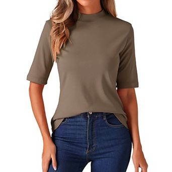 Elbow Length Tops For Women Casual Blouses Turtleneck Top Solid Elastic Soft Half Sleeve T Shirts