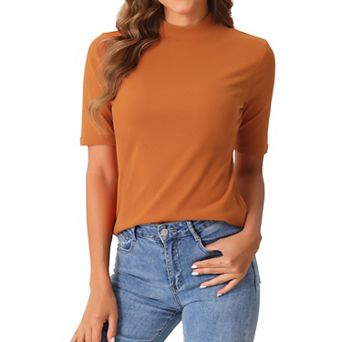 Elbow Length Tops For Women Casual Blouses Turtleneck Top Solid Elastic Soft Half Sleeve T Shirts