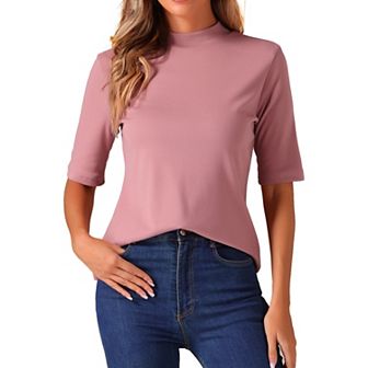 Elbow Length Tops for Women Casual Blouses Turtleneck Top Solid Elastic Soft Half Sleeve T Shirts
