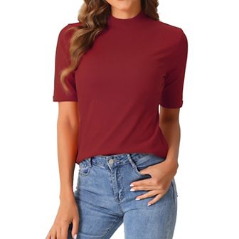 Elbow Length Tops for Women Casual Blouses Turtleneck Top Solid Elastic Soft Half Sleeve T Shirts