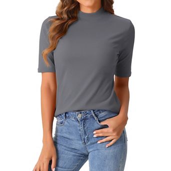 Elbow Length Tops for Women Casual Blouses Turtleneck Top Solid Elastic Soft Half Sleeve T Shirts