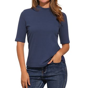 Elbow Length Tops for Women Casual Blouses Turtleneck Top Solid Elastic Soft Half Sleeve T Shirts