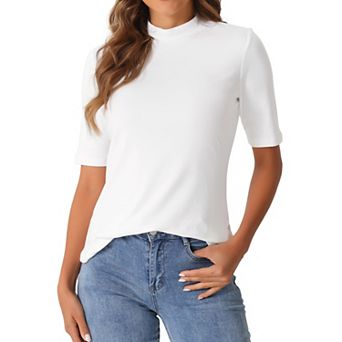 Elbow Length Tops For Women Casual Blouses Turtleneck Top Solid Elastic Soft Half Sleeve T Shirts
