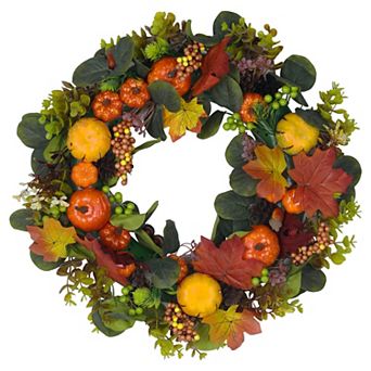 Halloween Pumpkin Wreaths, Front Porch Decor Wreath With Berries Maple Leaves, Artificial Garland