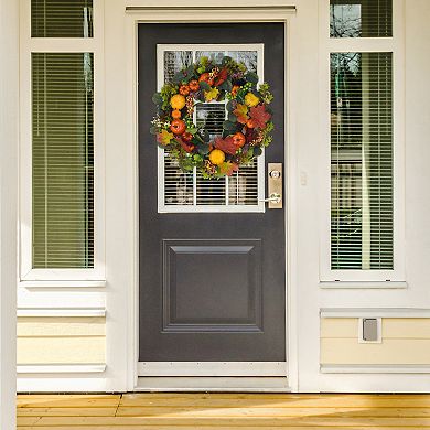 Halloween Pumpkin Wreaths, Front Porch Decor Wreath With Berries Maple Leaves, Artificial Garland