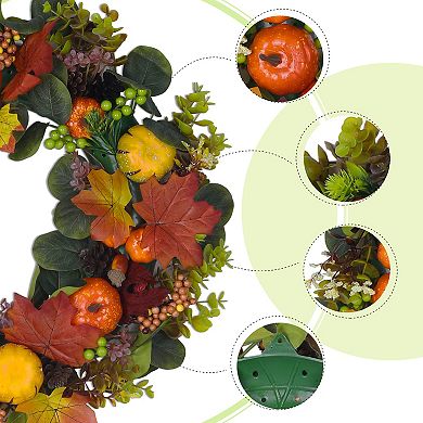 Halloween Pumpkin Wreaths, Front Porch Decor Wreath With Berries Maple Leaves, Artificial Garland
