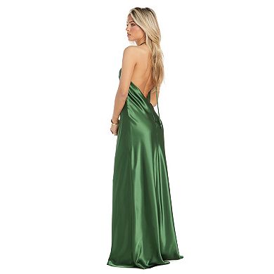 Juniors' Morgan and Co Long High-Neck Charmeuse Gown