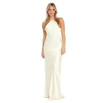 Juniors' Morgan and Co Long High-Neck Charmeuse Gown