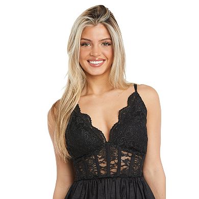 Juniors' Morgan and Co Glitter Lace Bodice & Illusion Corset Mini Dress