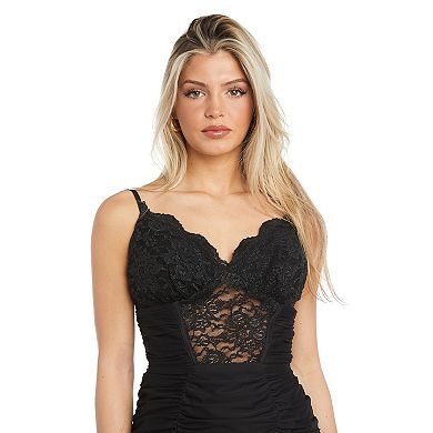 Juniors' Morgan and Co Lace Tie Back & Rouched Chiffon Mini Dress