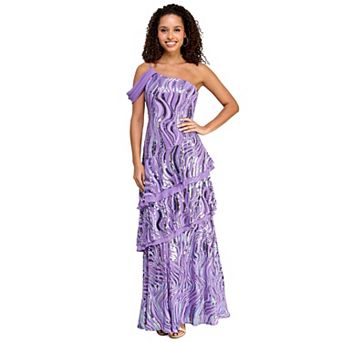 Juniors' Morgan and Co Patterned Sequin One-Shoulder Drape Detail Tiered Maxi Dress