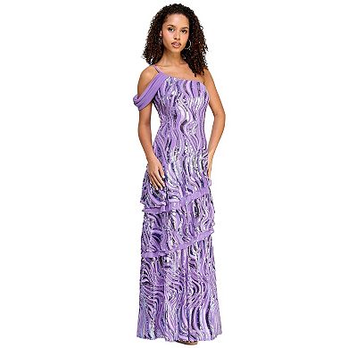 Juniors' Morgan and Co Patterned Sequin One-Shoulder Drape Detail Tiered Maxi Dress