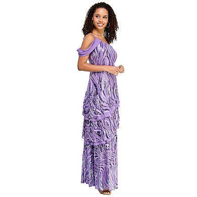 Juniors' Morgan and Co Patterned Sequin One-Shoulder Drape Detail Tiered Maxi Dress