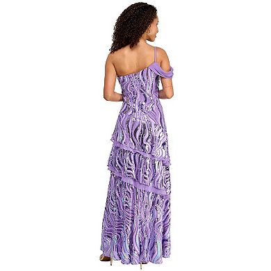 Juniors' Morgan and Co Patterned Sequin One-Shoulder Drape Detail Tiered Maxi Dress