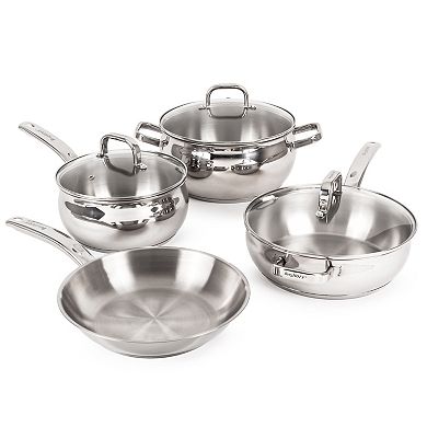 BergHOFF Belly Shape 18/10 Stainless Steel 9.5-in. Deep Skillet with Glass Lid