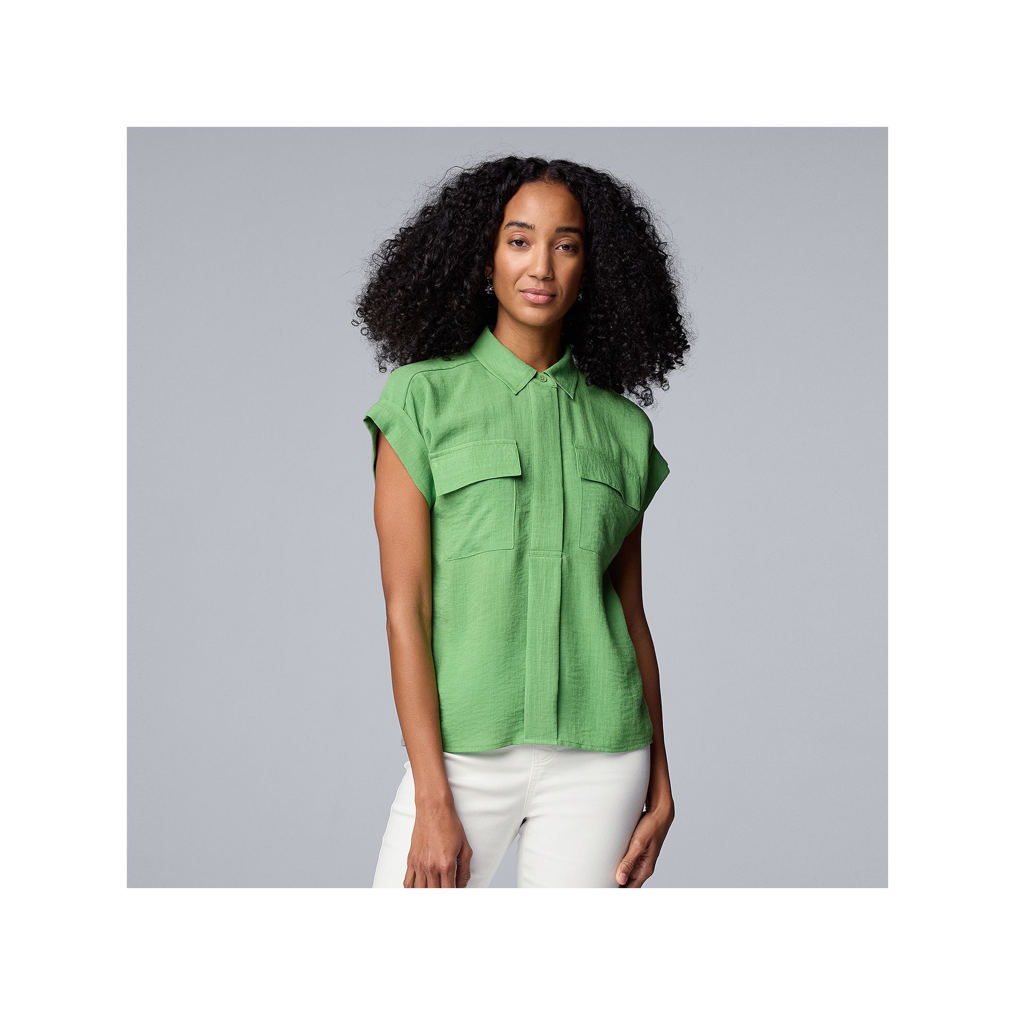 Womens Simply Vera Vera Wang Short Sleeve Linen Shirt, Size: XS, Autumn Fe