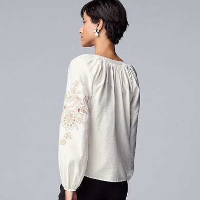 Women's Simply Vera Vera Wang Notchneck Embroidered Long Sleeve Dobby Blouse