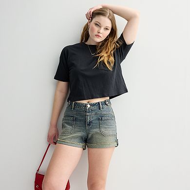 Juniors' SO® Mid-Rise Curvy Utility Jean Shorts