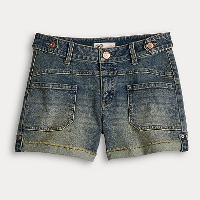 Juniors' SO® Mid-Rise Curvy Utility Jean Shorts