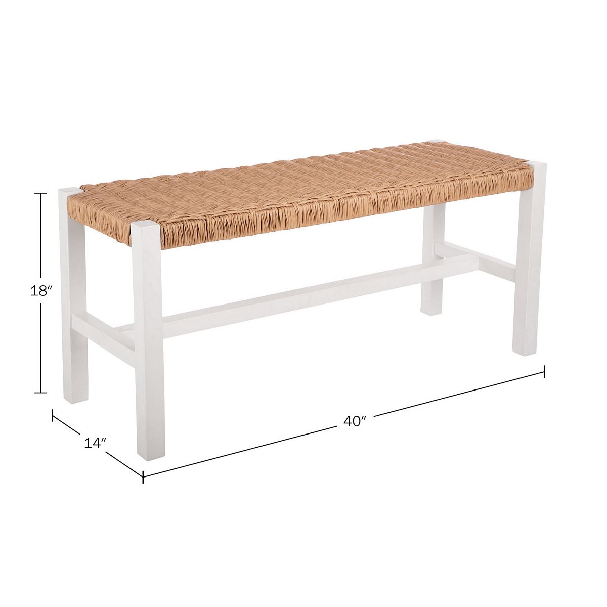 Entryway bench with woven rattan seat, white frame, dimensions shown