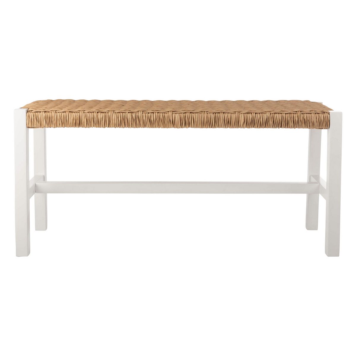 Wooden bench with woven rattan seat and white frame, front view