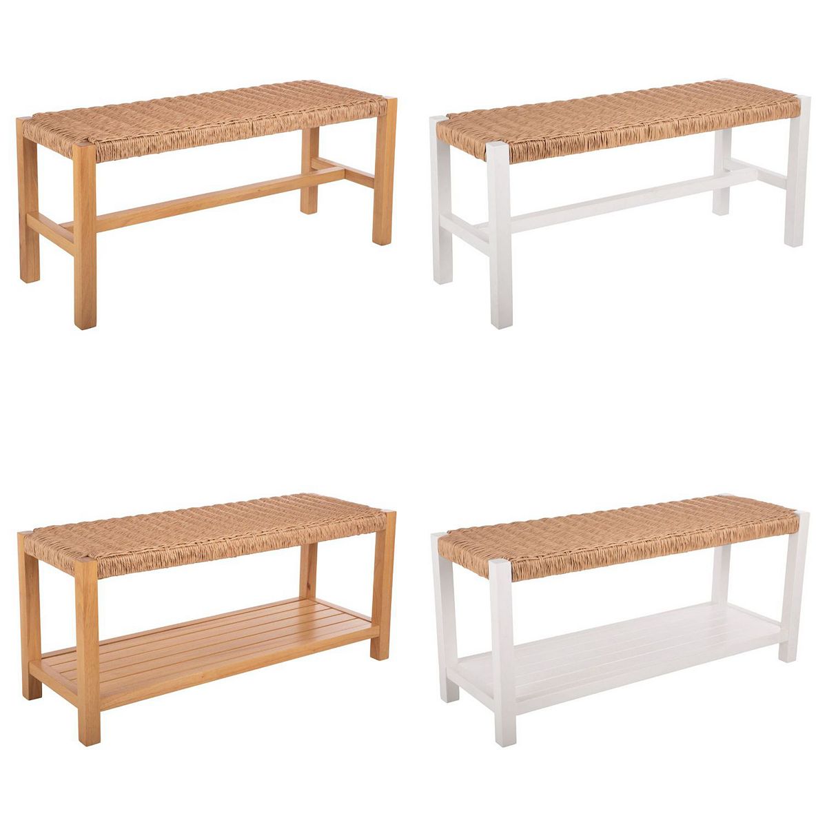 Alaterre Newport entryway bench shown in multiple wood/white frame styles