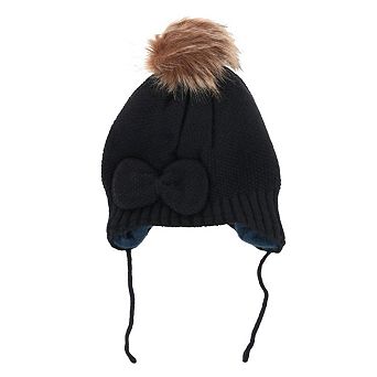 CTM Girl's One Size Fits Most Knit Winter Beanie with Pom Bow and Ear Flaps