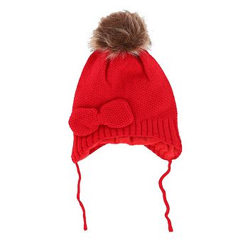 CTM Girl's One Size Fits Most Knit Winter Beanie with Pom Bow and Ear Flaps