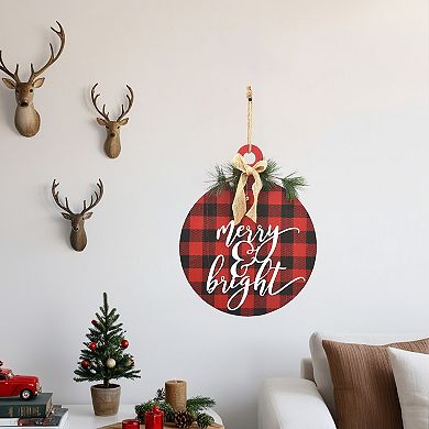 Parisloft Merry and Bright Buffalo Check Christmas Wood Wall Ornament