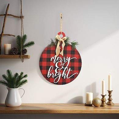 Parisloft Merry and Bright Buffalo Check Christmas Wood Wall Ornament